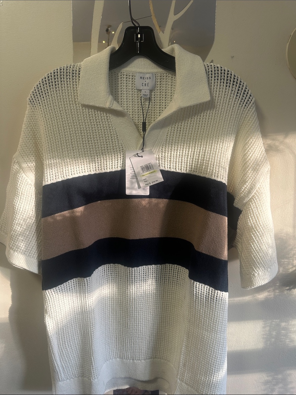 NWT REISS Cream Crochet Polo with Navy & Tan Stripes (L)